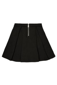Sorte plisserede nederdel lavet af bomuld, med en lynlås foran og en struktureret talje for et tætsiddende look.