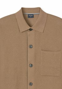 Brown short-sleeve polo shirt with a textured knit design, featuring a classic collar, six buttons, and a chest pocket.
