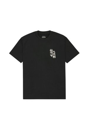 Zwart katoenen t-shirt met een ronde hals, korte mouwen, met een witte grafische afbeelding op de linkerkant van de borst.