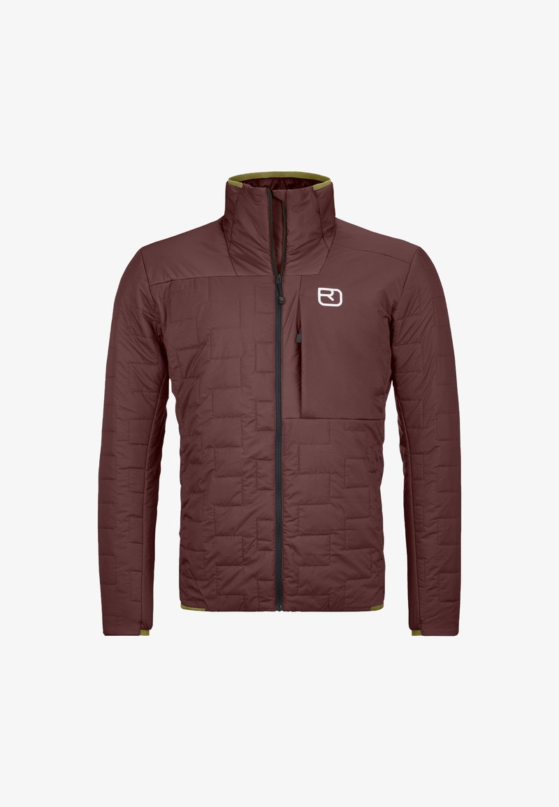 Maroon insulated jacket with a high collar, quilted pattern, front zipper, and green accents at the collar and hem. Features a chest pocket.
