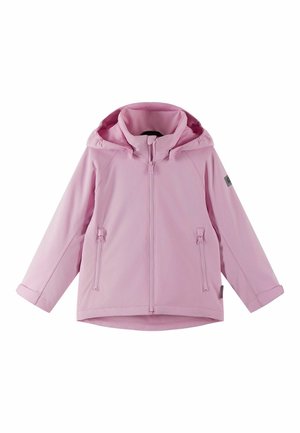 Jasnoszaroróżowa dziecięca kurtka z kapturem, z zamkiem błyskawicznym z przodu i zapinanymi na zamek kieszeniami bocznymi, prezentowana na białym tle.