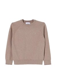 Maglione beige lavorato a maglia con collo a girocollo, maniche raglan e polsini e orlo a costine. Presenta un logo discreto sul petto.