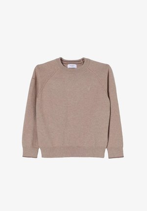 Maglione beige lavorato a maglia con collo a girocollo, maniche raglan e polsini e orlo a costine. Presenta un logo discreto sul petto.