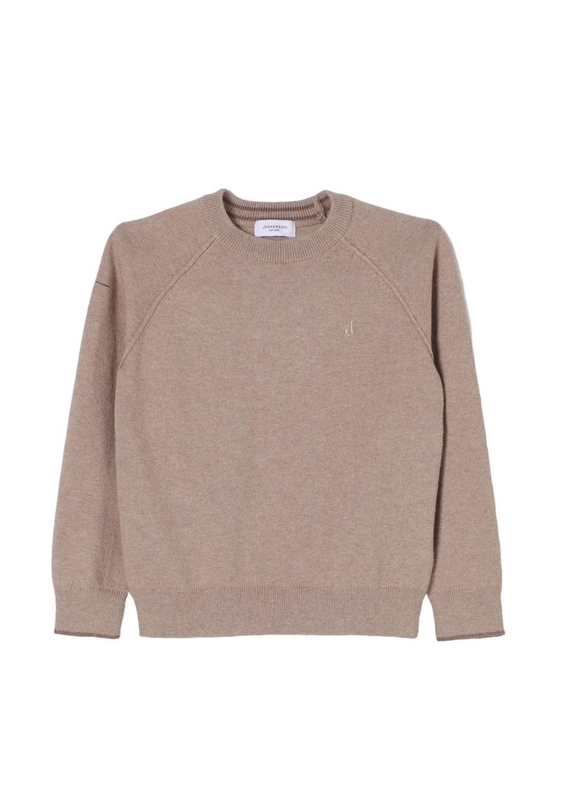 Maglione beige lavorato a maglia con collo a girocollo, maniche raglan e polsini e orlo a costine. Presenta un logo discreto sul petto.