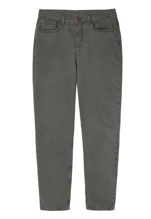 Graue Baumwollhosen mit geradem Bein, ausgestattet mit einem Knopf- und Reißverschluss, vier Taschen und kontrastierenden Nähten.