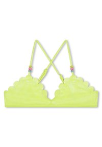 Haut de bikini jaune néon avec des bords festonnés, des bretelles ajustables et des perles décoratives sur les bretelles ; fabriqué en matériau brillant.