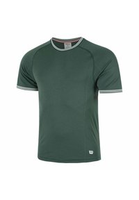 Donkergroen sport t-shirt met korte mouwen, voorzien van witte accenten op de kraag en de mouwranden, gemaakt van lichtgewicht, vochtafvoerend materiaal.