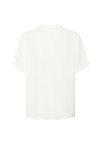 Camiseta blanca de manga corta con escote redondo, de textura suave y corte relajado, que presenta mangas enrolladas y un dobladillo recto.