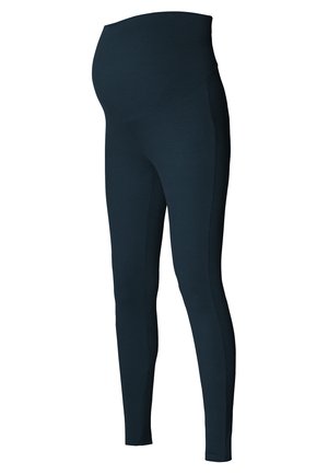 Marineblå graviditetsleggings med høj talje, designet til komfortabelt at støtte en gravid mave.