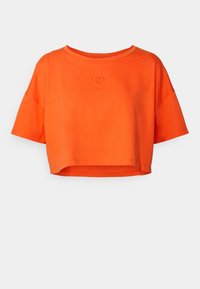 Short-sleeve cropped t-shirt in bright orange fabric, featuring a round neckline and an embroidered heart logo on the chest.
