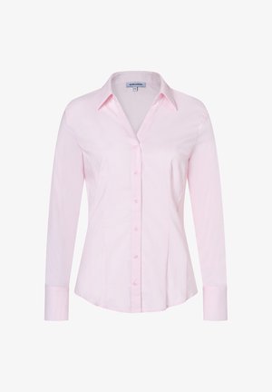 Hellrosa Damen-Bluse mit langen Ärmeln, Knopfleiste, spitzem Kragen und tailliertem Schnitt.