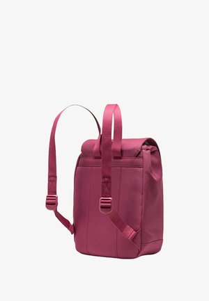 Rosa Rucksack mit Rolltop-Design, aus langlebigem Stoff gefertigt. Verfügt über verstellbare Träger, eine schlanke Form und keine sichtbaren Muster oder Akzente.