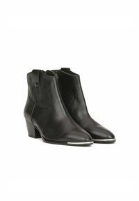 Bottines en cuir noir avec un bout pointu, un petit talon carré, une fermeture éclair et un accent métallique sur le bout. Texture lisse, design minimaliste.