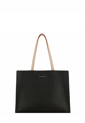 Sac fourre-tout en cuir noir avec une texture lisse, deux poignées beige et des détails en logo argenté à l'avant. Forme rectangulaire au design minimaliste.