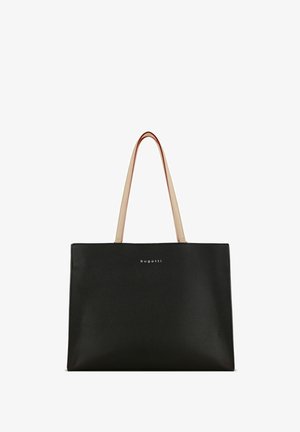 Schwarze Leder Tragetasche mit glatter Textur, zwei beigen Griffen und silbernem Logo-Detail auf der Vorderseite. Rechteckige Form mit minimalistischem Design.