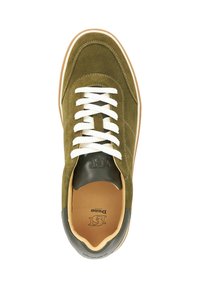 Olive green suede sneaker with white laces, tan leather accents, and a rubber sole. Features a logo on the tongue and smooth interior.
