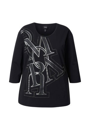 T-shirt nero a maniche lunghe con scollatura rotonda, caratterizzato da una grafica argento di lettere sovrapposte e cuciture a contrasto.