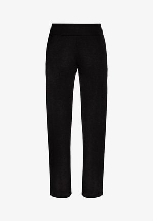 Schwarze Hose mit glatter Textur, geradem Bein, breitem Bund und ohne sichtbare Nähte oder Verzierungen.