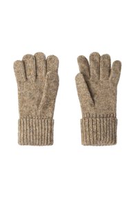Gehaakte handschoenen in lichtbruin met geribbelde manchetten. Beschikt over een gestructureerd oppervlak en aparte vingeropeingen. Gemaakt van warm, duurzaam materiaal.