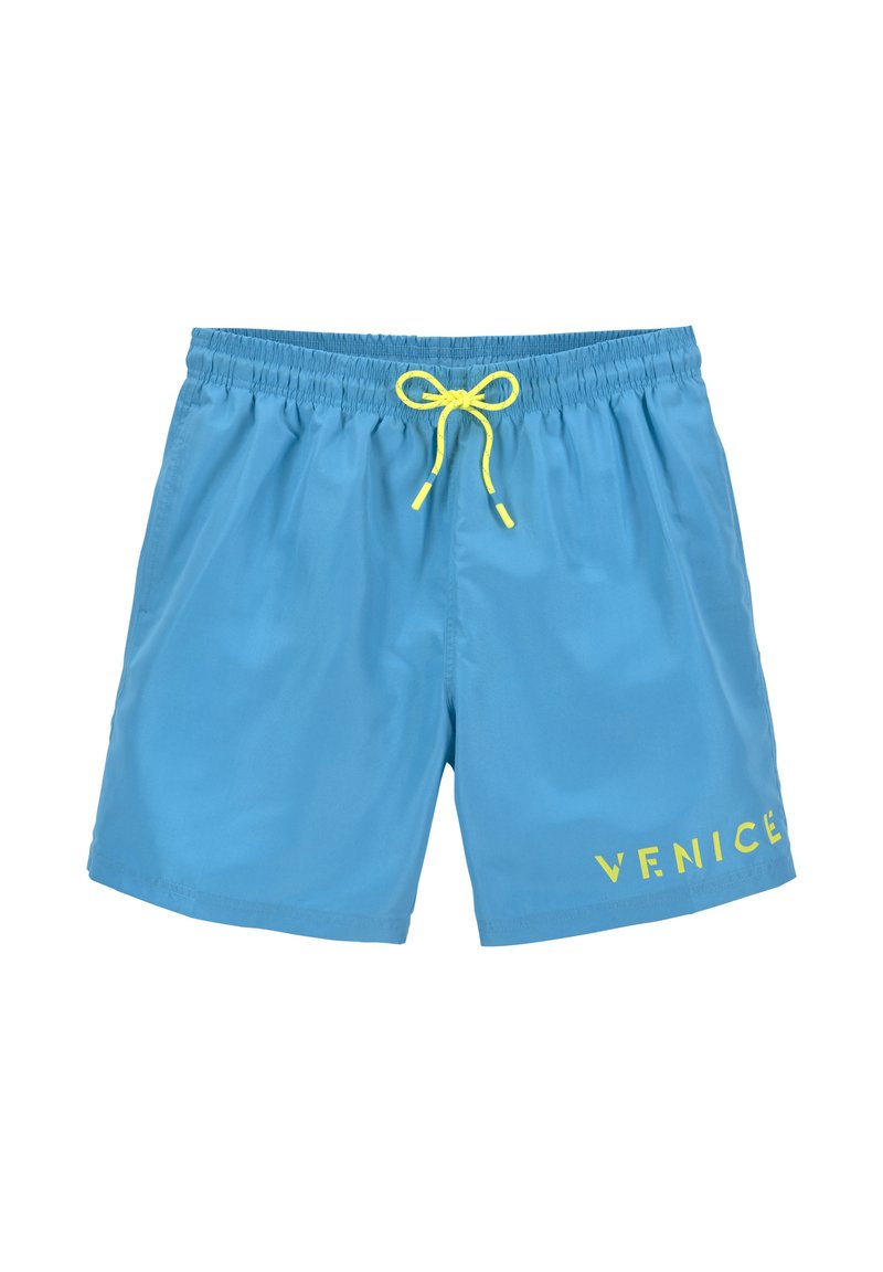 Costumi da bagno blu realizzati in tessuto leggero con una cintura elastica e un cordino giallo. Presentano la scritta "VENICE" stampata in giallo sul lato.