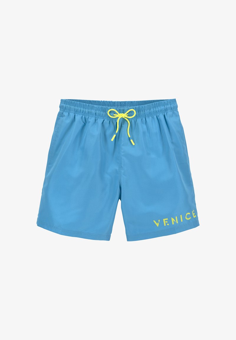 Modré plavky z ľahkej tkaniny s elastickým pásom a žltou šnúrkou. Na boku je nápis "VENICE" vytlačený žltou farbou.