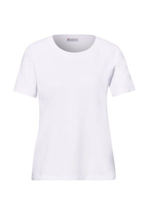 Weißes T-Shirt mit kurzen Ärmeln und Rundhalsausschnitt, gerade geschnitten, mit kleinem "Street One"-Label im Halsausschnitt innen.