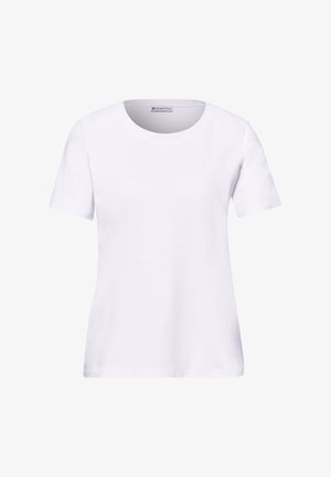 Bílé tričko s krátkým rukávem, kulatým výstřihem, rovného střihu a malou nášivkou "Street One" uvnitř výstřihu.