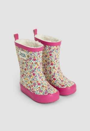 Botas de lluvia florales rosas con base blanca; forro suave y bucles en la parte superior para facilitar su colocación; suelas de goma texturizadas para mayor agarre.