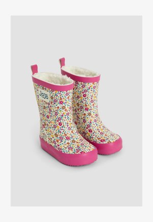 Różowe kalosze w kwiaty z białą podstawą; miękka podszewka i pętle na górze ułatwiające zakładanie; teksturowane gumowe podeszwy dla lepszej przyczepności.
