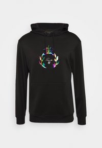 Czarna bluza z kapturem i kieszenią z przodu, z wyrazistym, wielokolorowym wzorem logo w kwiaty na środku oraz regulowanym kapturem.