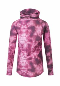 Haut à manches longues en tie-dye rose et violet, avec un col montant, des manches raglan et un ourlet arrondi.