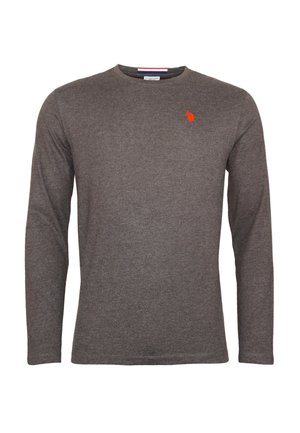 Grau meliertes Langarm-Crewneck-Pullover mit kleinem rotem Logo auf der linken Brust, schlichte Gestaltung und geripptem Saum sowie Bündchen.