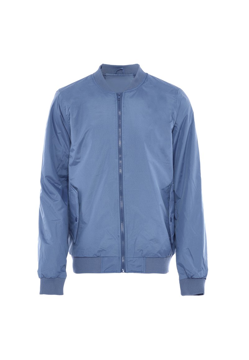 Giacca bomber leggera blu in tessuto morbido, con zip frontale, polsini a coste e due tasche laterali.