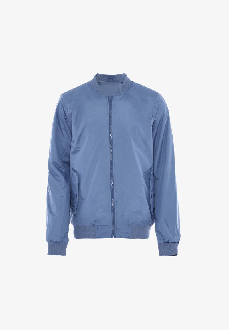 Giacca bomber leggera blu in tessuto morbido, con zip frontale, polsini a coste e due tasche laterali.