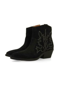 Botas negras de ante hasta el tobillo con puntera puntiaguda, un tacón bajo y costuras decorativas en un patrón floral en los laterales.
