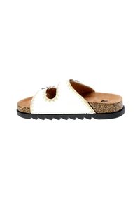 Sandalo bianco con footbed in sughero, due aperture sagomate e bordo scallopato. Suola in gomma nera con pattern texturizzato per una buona aderenza.