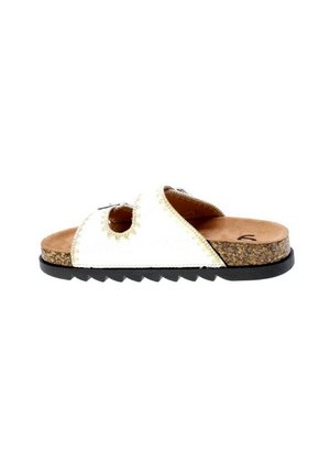 Sandalo bianco con footbed in sughero, due aperture sagomate e bordo scallopato. Suola in gomma nera con pattern texturizzato per una buona aderenza.