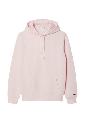 Sudadera rosa claro hecha de tejido suave, con un bolsillo canguro, capucha con cordón y un pequeño logo en el pecho. Puños y dobladillo acanalados.