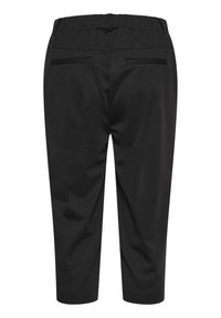 Černé zkrácené kalhoty s elastickým pasem, s dvěma zadními kapsami a hladkou, texturovanou látkou, navržené pro pohodlí a snadnost nošení.