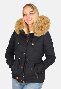 Marineblauer Parka mit einem Kragen aus Kunstpelz, Reißverschluss- und Knopfverschlüssen, verstellbarem Kordelzug in der Taille und mehreren Taschen. Weicher, strukturierter Stoff.