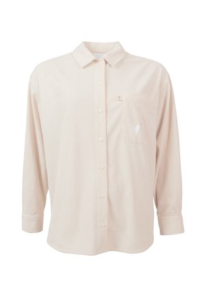 Chemise à manches longues rose pâle avec boutons, poche avant, fines rayures verticales, col et manches retroussées.