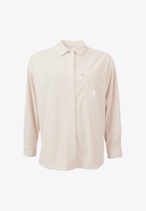 Světle růžová košile s dlouhým rukávem na knoflíky, s přední kapsou a jemnými svislými pruhy, límečkem a manžetovými rukávy.