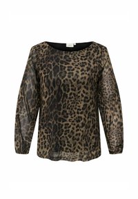 Blusa trasparente con stampa animale in marrone e nero. Presenta maniche lunghe con polsini elasticizzati e un ampio scollo. Tessuto leggero con un motivo texturizzato.