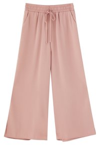 Pantalons à jambes larges rose clair en tissu lisse. Dotés d'une taille élastique avec cordon de serrage et de deux poches sur les côtés.
