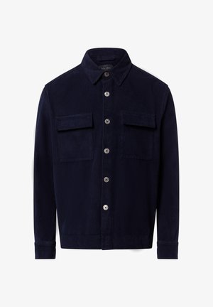 Marinefarbene Cordjacke mit spitzem Kragen, zwei Brusttaschen und silbernen Knöpfen. Strukturierter Stoff und geknöpfte Manschetten. Figurbetonter Schnitt.