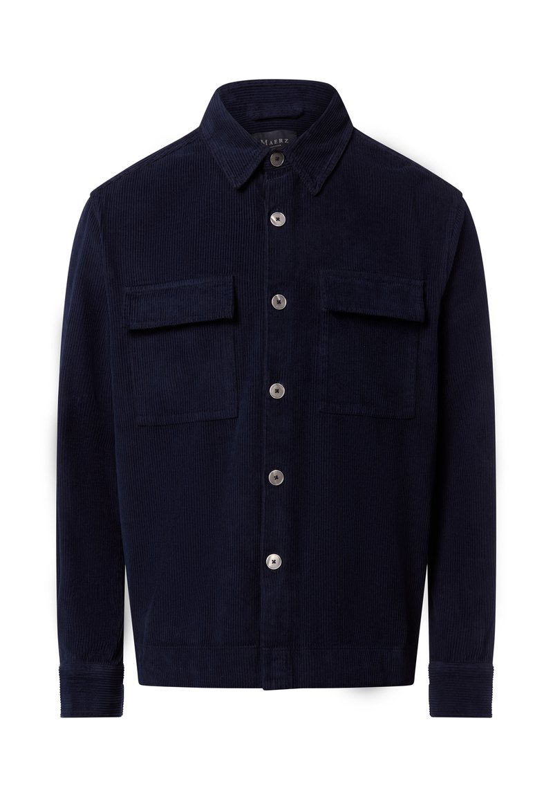 Námořnická kordová bunda s špičatým límcem, dvěma náprsními kapsami a stříbrnými knoflíky. Texturovaná tkanina a manžety na knoflíky. Přiléhavý střih.