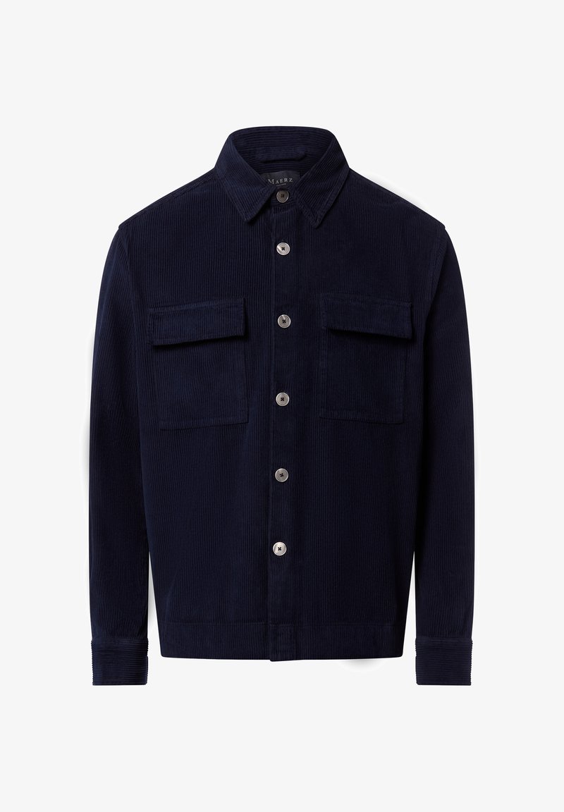 Granatowa kurtka z sztruksu z wywijanym kołnierzem, dwoma kieszeniami na piersi i srebrnymi guzikami. Teksturowana tkanina i mankiety zapinane na guziki. Dopasowany krój.