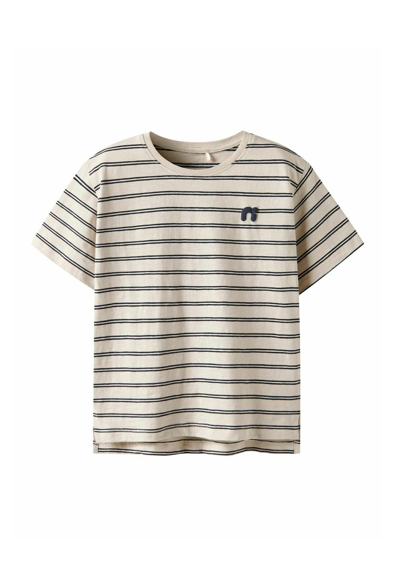 Stribet t-shirt med korte ærmer i beige og marineblå, lavet af blødt bomuld med rund hals og lille logo på venstre bryst.