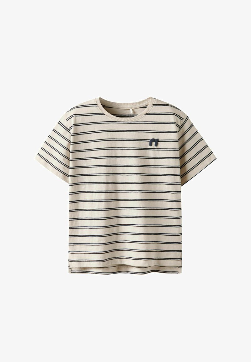 Stribet t-shirt med korte ærmer i beige og marineblå, lavet af blødt bomuld med rund hals og lille logo på venstre bryst.