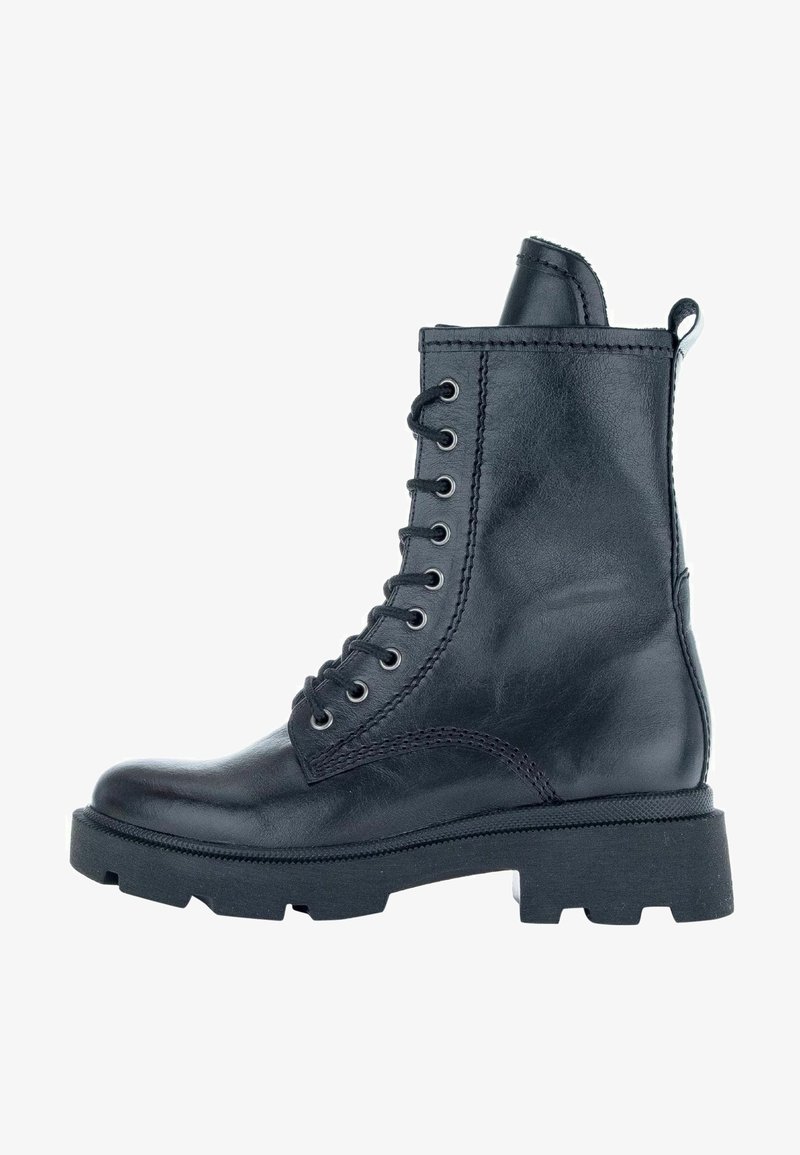 Black leather ankle boot with a chunky sole, round toe, and side zipper. Features metal eyelets and laces along the front.